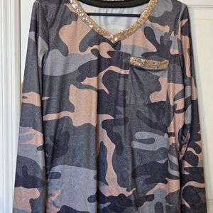 Sequin Trim Camouflage Long Sleeve Top